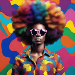 A vibrant and stylish portrait of a person with a large, beautifully shaped afro hairstyle