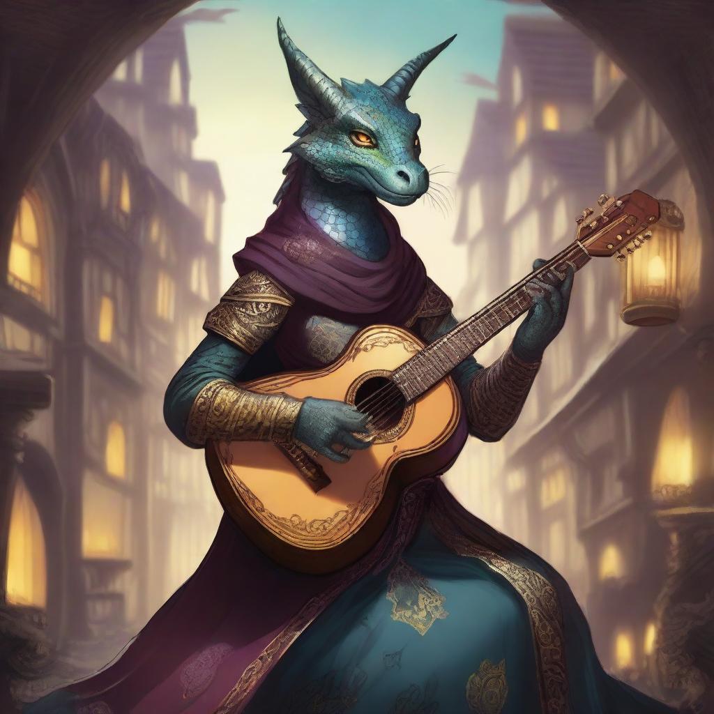 A detailed illustration of a female dragonborn bard