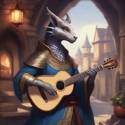 A detailed illustration of a female dragonborn bard