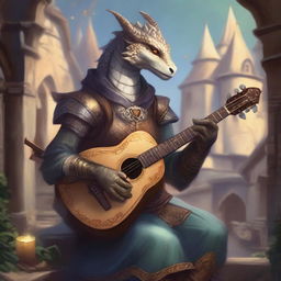 A detailed illustration of a female dragonborn bard