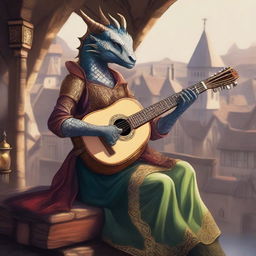 A detailed illustration of a female dragonborn bard