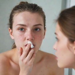 A mirror reflection of a teenage girl, concentrating on popping a pimple on her face, using plain, sterile tissue.