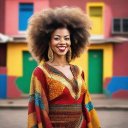 A beautiful Afro woman with natural curly hair, wearing vibrant traditional African attire