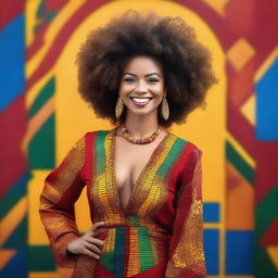 A beautiful Afro woman with natural curly hair, wearing vibrant traditional African attire