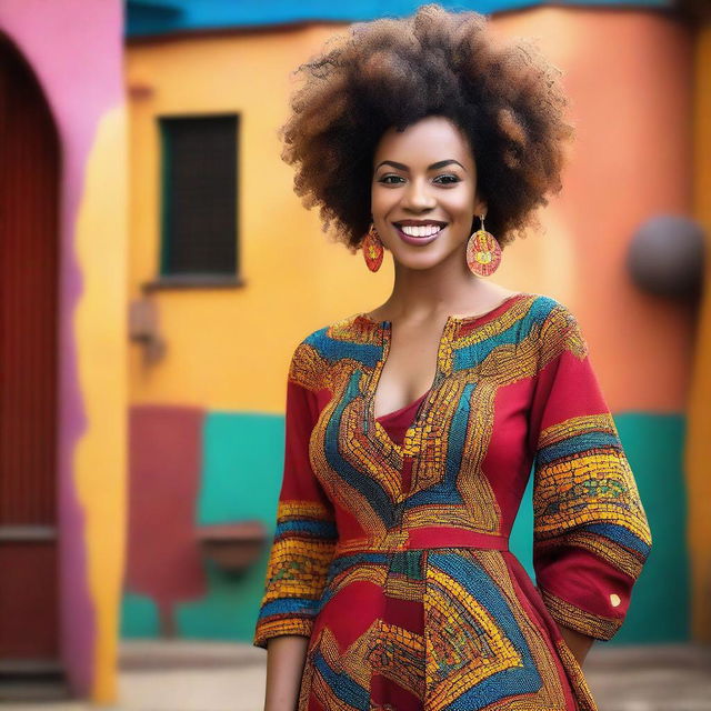 A beautiful Afro woman with natural curly hair, wearing vibrant traditional African attire