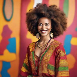 A beautiful Afro woman with natural curly hair, wearing vibrant traditional African attire