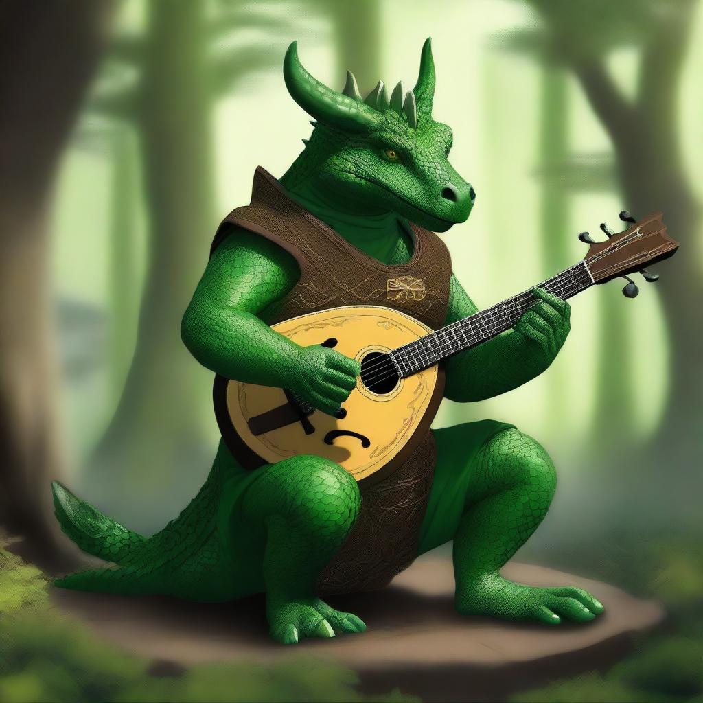 A majestic green dragonborn playing a mandolin