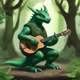 A majestic green dragonborn playing a mandolin