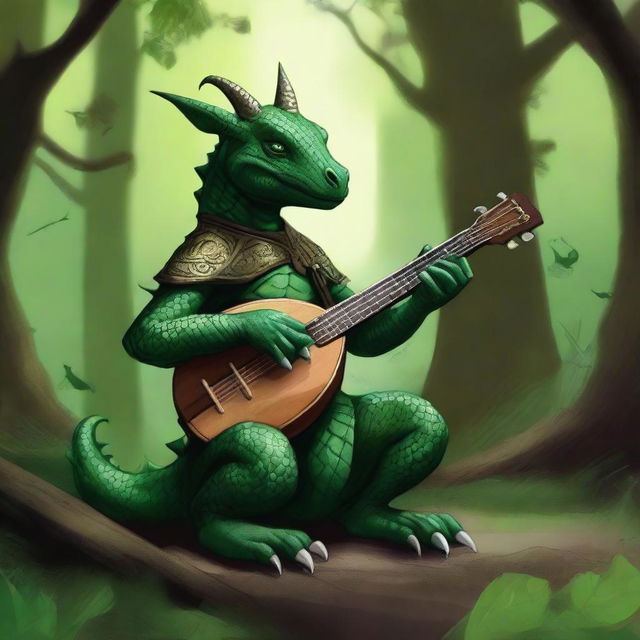 A majestic green dragonborn playing a mandolin