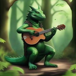 A majestic green dragonborn playing a mandolin