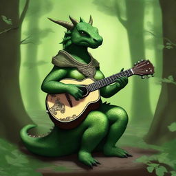 A majestic female green dragonborn playing a mandolin