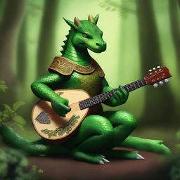 A majestic female green dragonborn playing a mandolin