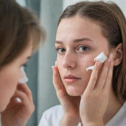 A mirror reflection of a teenage girl, concentrating on popping a pimple on her face, using plain, sterile tissue.