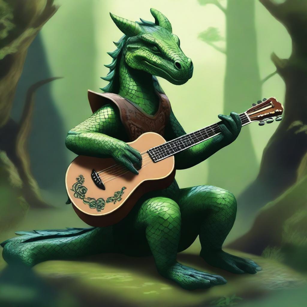 A majestic female green dragonborn playing a mandolin