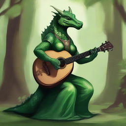 A majestic female green dragonborn playing a mandolin