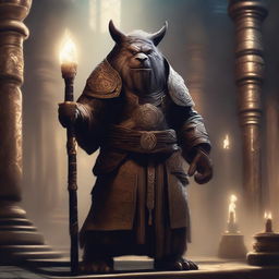 A powerful bugbear cleric standing in a sacred temple