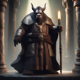 A powerful bugbear cleric standing in a sacred temple