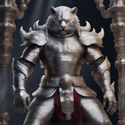 A fierce Rakshasa warrior clad in gleaming silver armor