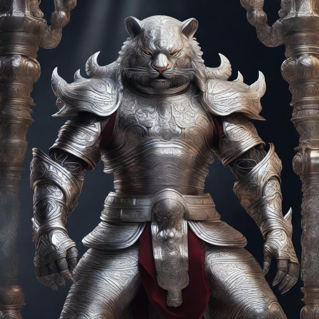 A fierce Rakshasa warrior clad in gleaming silver armor