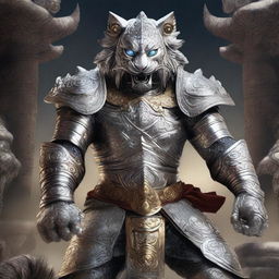 A fierce Rakshasa warrior clad in gleaming silver armor