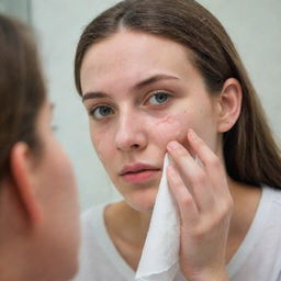 A mirror reflection of a teenage girl, concentrating on popping a pimple on her face, using plain, sterile tissue.