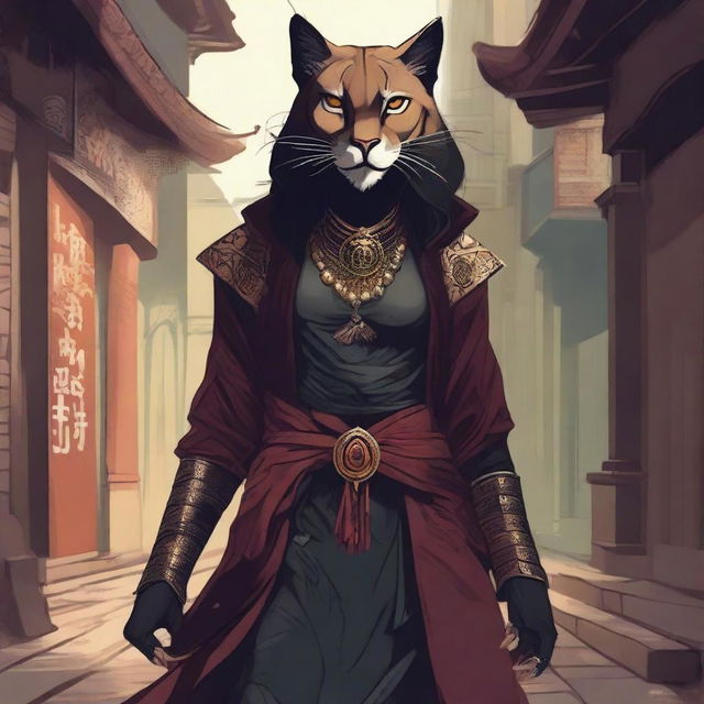 A detailed illustration of a female Rakshasa with the features of a puma, dressed in rogue attire