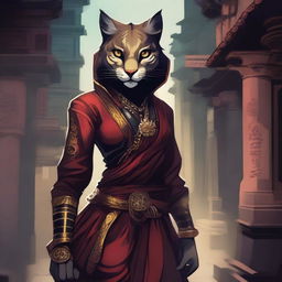 A detailed illustration of a female Rakshasa with the features of a puma, dressed in rogue attire