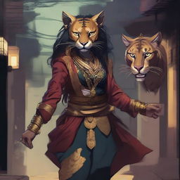 A detailed illustration of a female Rakshasa with the features of a puma, dressed in rogue attire