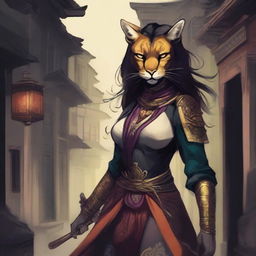 A detailed illustration of a female Rakshasa with the features of a puma, dressed in rogue attire