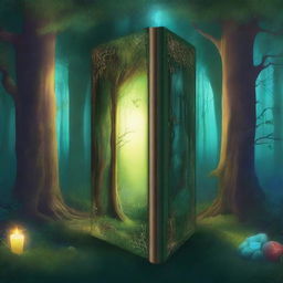 Create a captivating book cover featuring an enchanted forest with a mysterious glowing portal