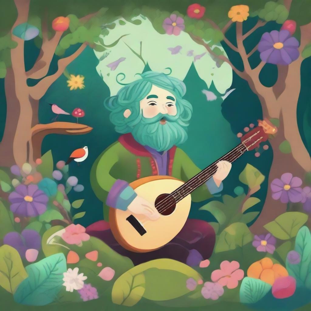 A whimsical scene featuring a bard who is a living hedge