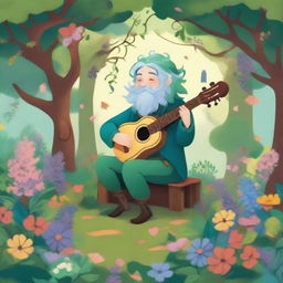 A whimsical scene featuring a bard who is a living hedge