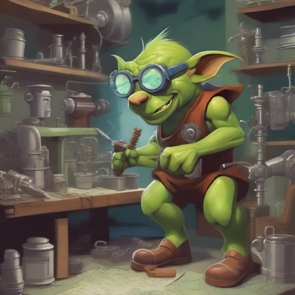 A clever and industrious goblin engineer working on a complex machine