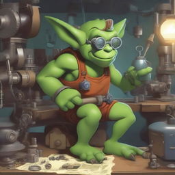 A clever and industrious goblin engineer working on a complex machine