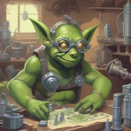 A clever and industrious goblin engineer working on a complex machine