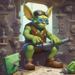 A clever and industrious goblin engineer working on a complex machine