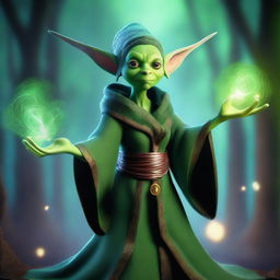 A powerful and mystical female goblin wizard casting a spell