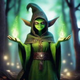 A powerful and mystical female goblin wizard casting a spell