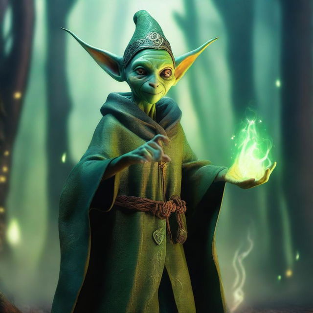 A powerful and mystical female goblin wizard casting a spell