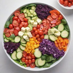 A vibrant, colorful salad filled with an array of fresh veggies in all colors of the rainbow, beautifully arranged in a single bowl on a white surface.