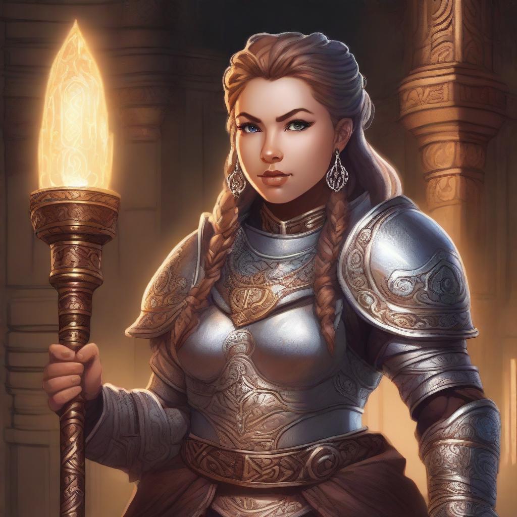 A detailed illustration of a dwarf female cleric wearing ornate armor