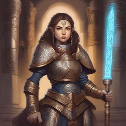 A detailed illustration of a dwarf female cleric wearing ornate armor