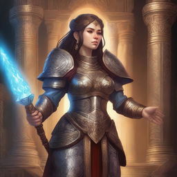 A detailed illustration of a dwarf female cleric wearing ornate armor