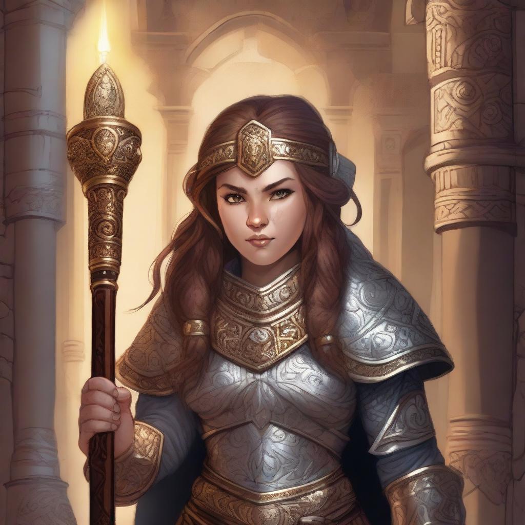 A detailed illustration of a dwarf female cleric wearing ornate armor