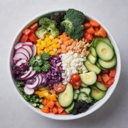 A vibrant, colorful salad filled with an array of fresh veggies in all colors of the rainbow, beautifully arranged in a single bowl on a white surface.