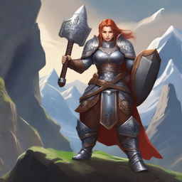 A powerful dwarf female paladin clad in ornate armor, wielding a massive hammer