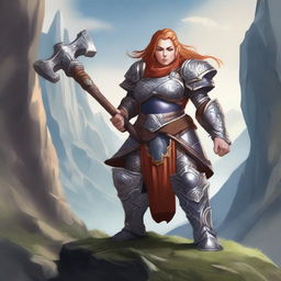 A powerful dwarf female paladin clad in ornate armor, wielding a massive hammer