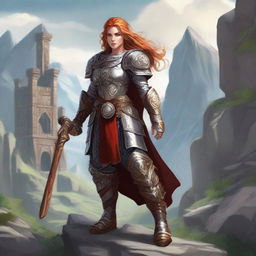 A powerful dwarf female paladin clad in ornate armor, wielding a massive hammer