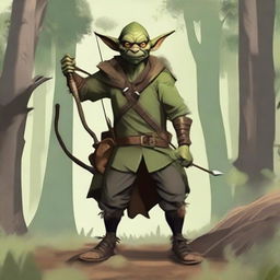 A cunning goblin ranger in rugged, forest-themed attire