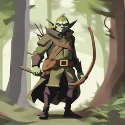 A cunning goblin ranger in rugged, forest-themed attire